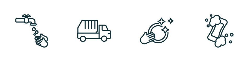 set of 4 linear icons from cleaning concept. outline icons included hands cleanin, garbage truck, washing dishes, hand soap vector