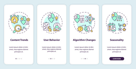2D icons representing AI for SEO mobile app screen set. Walkthrough 4 steps multicolor graphic instructions with thin line icons concept, UI, UX, GUI template.