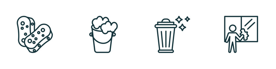 set of 4 linear icons from cleaning concept. outline icons included scouring pads, bucket cleanin, trash cleanin, window cleaner vector