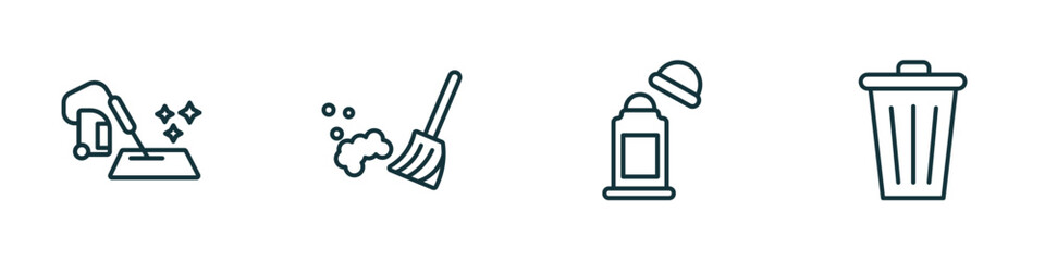 set of 4 linear icons from cleaning concept. outline icons included carpet cleaning, broom cleanin, deodorizer, bin vector