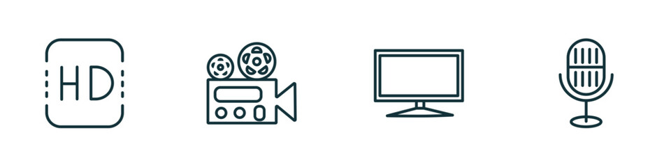 set of 4 linear icons from cinema concept. outline icons included hd, film viewer, flat tv, movie microphone vector