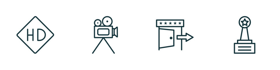 set of 4 linear icons from cinema concept. outline icons included hd video, movie camera, cinema exit, movie award vector