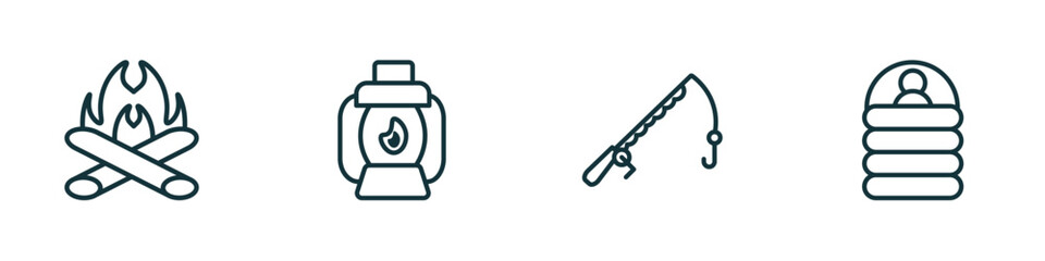 set of 4 linear icons from camping concept. outline icons included bonfire, lamp, fishing rod, sleeping bag vector