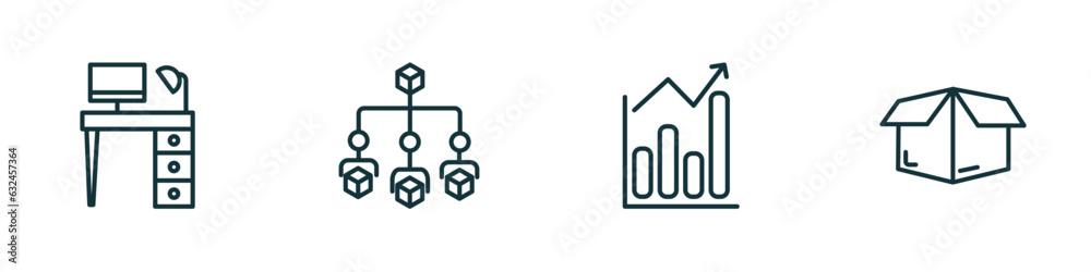 Poster set of 4 linear icons from business concept. outline icons included work table, hierarchical order, 