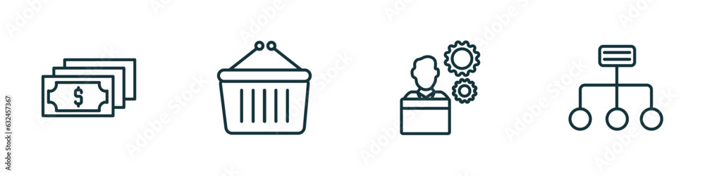 Wall mural set of 4 linear icons from business concept. outline icons included dollar bills, supermarket bag, employee going to work, structure vector