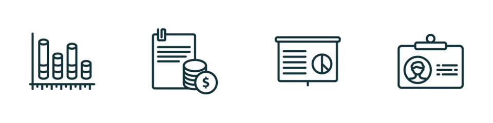 set of 4 linear icons from business concept. outline icons included bars graphic, stock dealing, statistics presentation, color business card vector