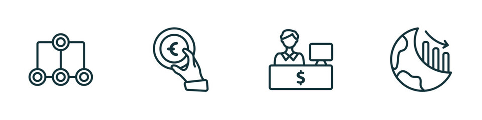 set of 4 linear icons from business concept. outline icons included item connections, euro coin on hands, bank teller, globe analytics vector