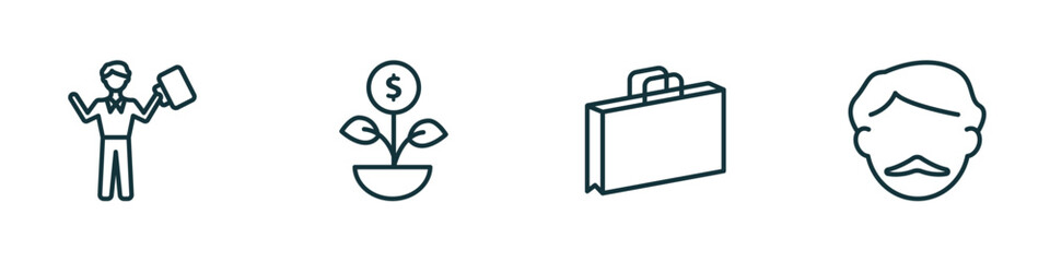 set of 4 linear icons from business concept. outline icons included man succesing, money investment, two shopping bags, man with moustach vector