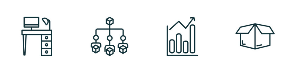 set of 4 linear icons from business concept. outline icons included work table, hierarchical order, statistical chart, empty box vector