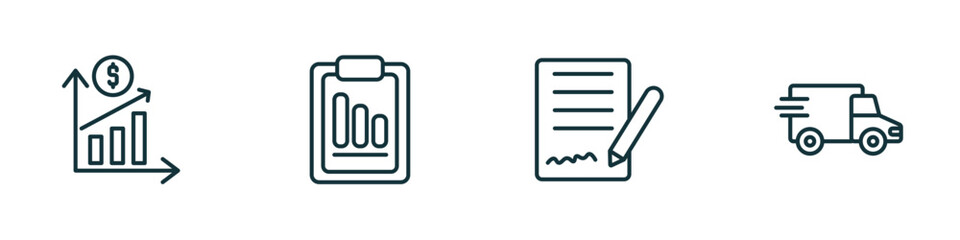 set of 4 linear icons from business concept. outline icons included finance, progress report, , logistic vector