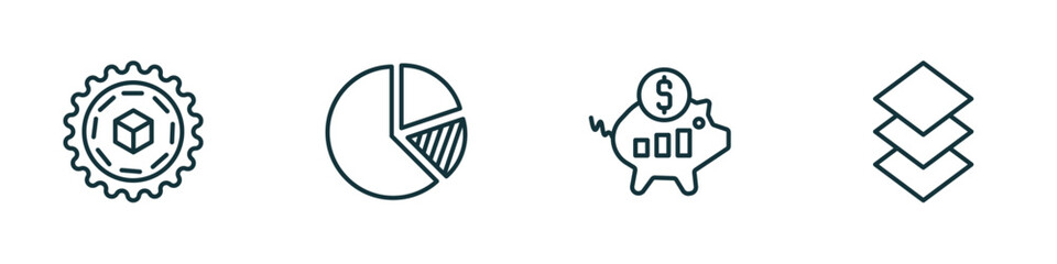 set of 4 linear icons from business concept. outline icons included proof of work, pie chart statistics, purpose of saving money, stack vector