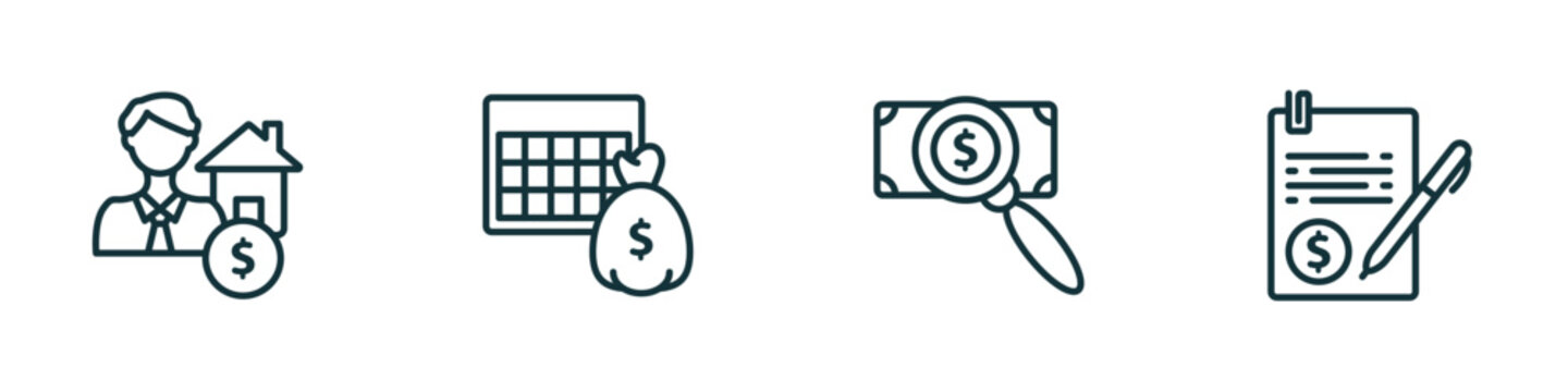 set of 4 linear icons from business concept. outline icons included mortgage and man, economy games, dollar business search, bailment vector