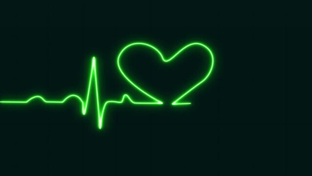 pulse rate line glowing green love shaped neon light loop animated blue grid background. EKG 60 BPM Loop Screen, Blue w/ Grid. Heart rate monitor.  Medical healthcare concept. 4k footage and 3D render