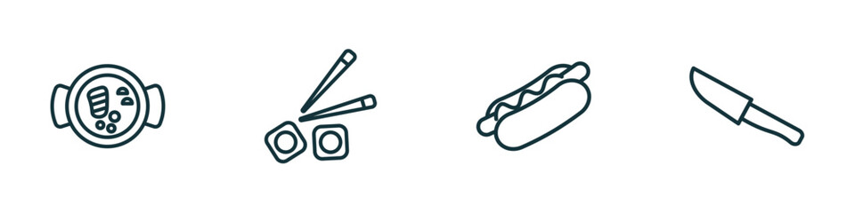 set of 4 linear icons from bistro and restaurant concept. outline icons included combine meal, sushi piece, hot dog with ketchup, big knife vector