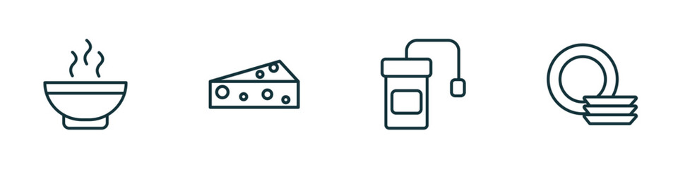 set of 4 linear icons from bistro and restaurant concept. outline icons included hot soup, piece of cheese, infusion bag, round plate vector