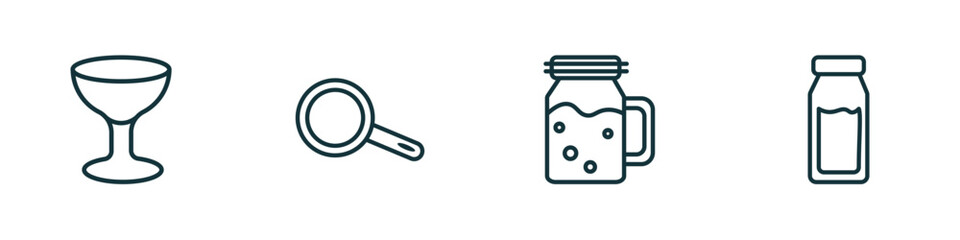 set of 4 linear icons from bistro and restaurant concept. outline icons included wide glass, frying pan from top, drink jar, milk brick vector