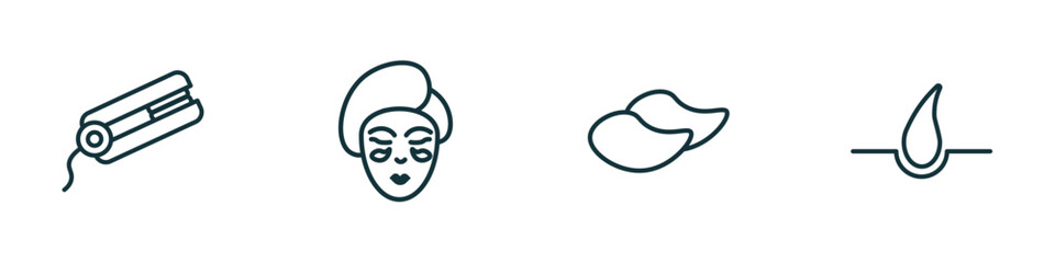 set of 4 linear icons from beauty concept. outline icons included flat iron, face mask, patches, hair vector