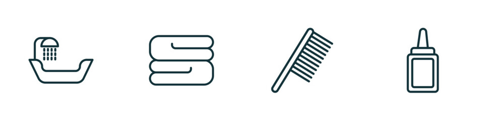 Obraz premium set of 4 linear icons from beauty concept. outline icons included hair washer sink, folded towel, inclined comb, aplicator bottle vector