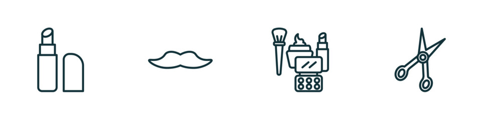 set of 4 linear icons from beauty concept. outline icons included inclined lipstick, big moustache, makeup, open hair scissors vector