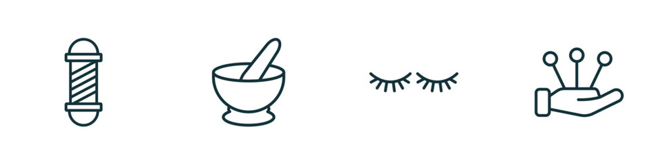 set of 4 linear icons from beauty concept. outline icons included barber shop, mortar bowl, two eyelashes, massage vector