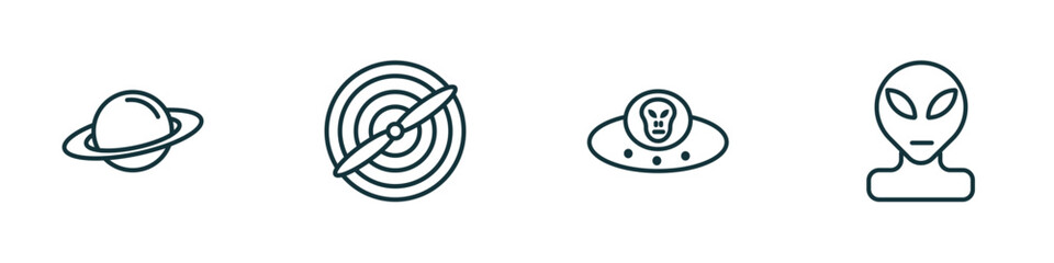 set of 4 linear icons from astronomy concept. outline icons included saturn, airscrew, alien with aqualung, alien vector