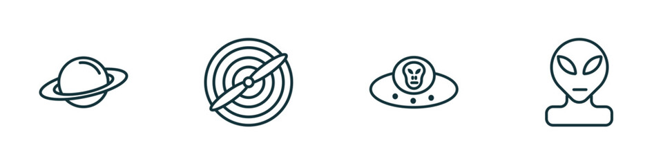 set of 4 linear icons from astronomy concept. outline icons included saturn, airscrew, alien with aqualung, alien vector © Farahim