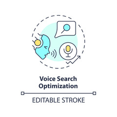 Editable voice search optimization icon concept, isolated vector, AI for SEO thin line illustration.
