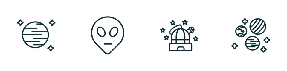 set of 4 linear icons from astronomy concept. outline icons included neptune with satellite, extraterrestrial, observatory, planets vector