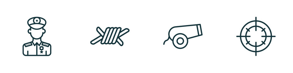 set of 4 linear icons from army and war concept. outline icons included general, barbed, canon, target vector