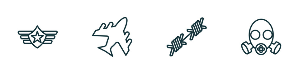 set of 4 linear icons from army and war concept. outline icons included air force, plane, barbed wire, gas mask vector