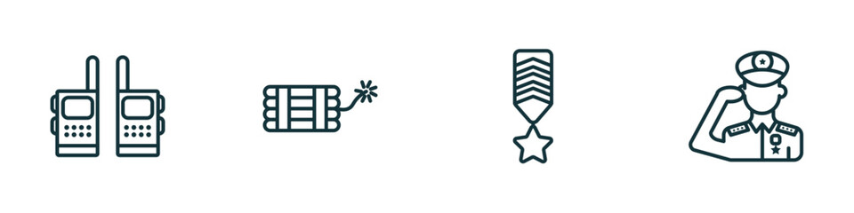 set of 4 linear icons from army concept. outline icons included two way radio, dynamite, militar in, salute vector