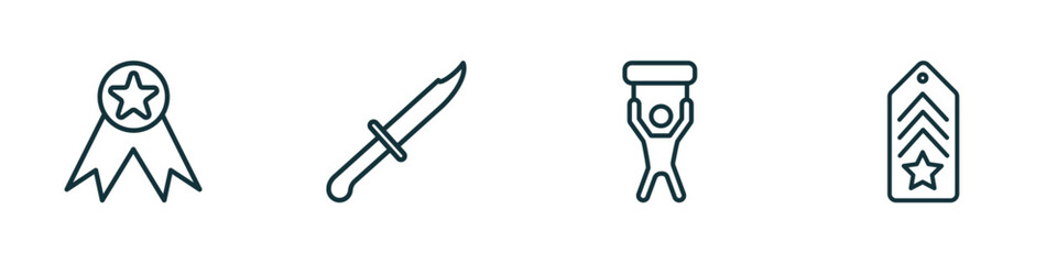 set of 4 linear icons from army and war concept. outline icons included medal, knife, revolt, chevron vector
