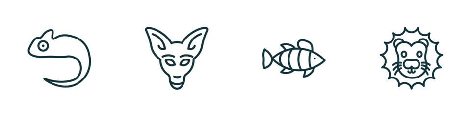 set of 4 linear icons from animals concept. outline icons included chameleon, kangaroo, clown fish, lion head vector