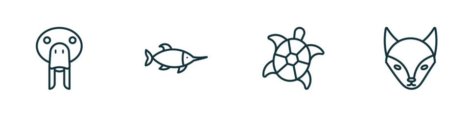 set of 4 linear icons from animals concept. outline icons included sea cow, swordfish, turtle, fox vector