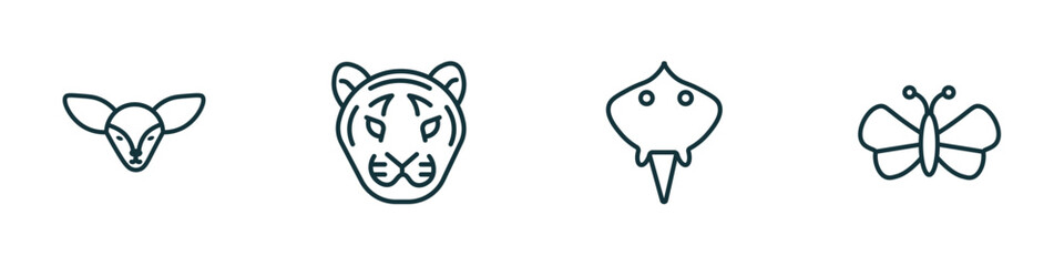 set of 4 linear icons from animals concept. outline icons included fennec fox, tiger, ray, butterfly with wings vector