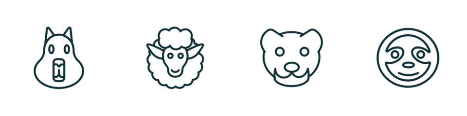 set of 4 linear icons from animals concept. outline icons included capybara, female sheep, mink, sloth vector