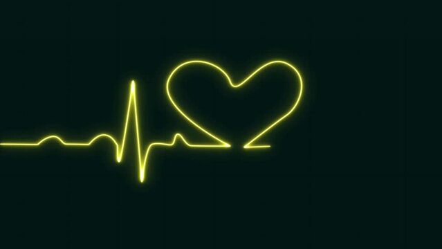 Cardiac heartbeat pulse rate line glowing yellow love shaped neon light loop animated blue grid background. EKG, Blue w/ Grid. Heart rate monitor.  Medical healthcare concept. 4k footage and 3D render