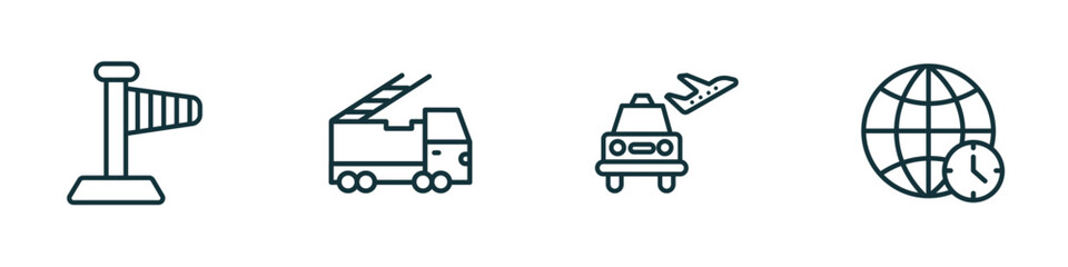 set of 4 linear icons from airport terminal concept. outline icons included right wing, emergency truck, airport taxi, time zones vector