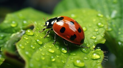 Macro Photo of Ladybug on Green Leaf Background. Generative Ai