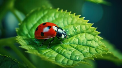 Macro Photo of Ladybug on Green Leaf Background. Generative Ai