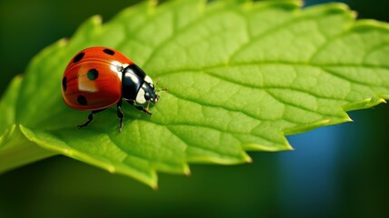 Fototapeta premium Macro Photo of Ladybug on Green Leaf Background. Generative Ai