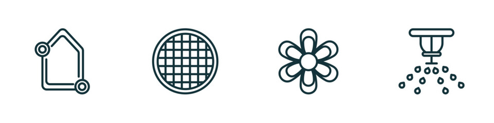 set of 4 linear icons from agriculture farming concept. outline icons included self-sufficient, riddle tool, spring flower, sprinkler vector