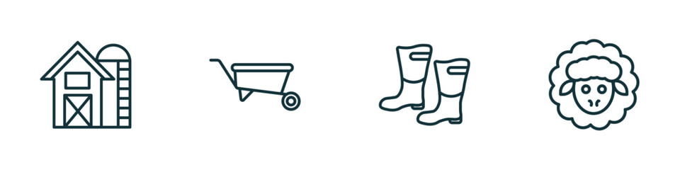 set of 4 linear icons from agriculture farming concept. outline icons included farm, barrow, farmer boots, sheep vector