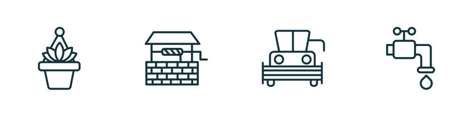 set of 4 linear icons from agriculture farming concept. outline icons included hanging pot, water well, harvester, faucet vector