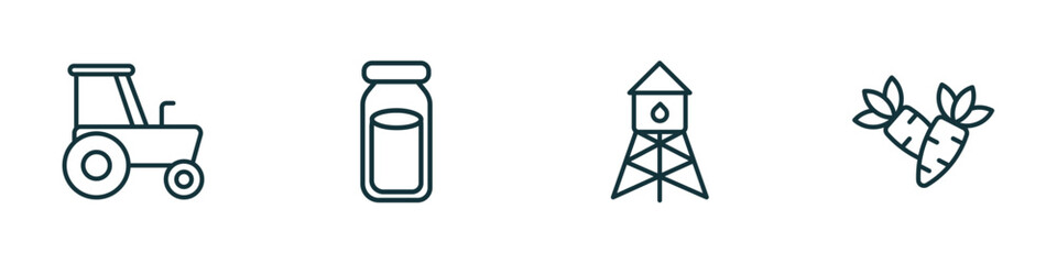 set of 4 linear icons from agriculture farming concept. outline icons included tractor, milk jar, water tower, carrots vector
