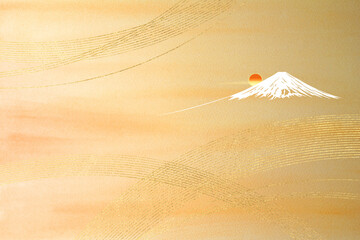富士山 背景はオレンジ色の水彩タッチと光り輝くライン（アブストラクト) - 632457974