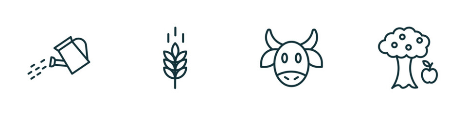 set of 4 linear icons from agriculture farming concept. outline icons included watering, oat, ox, monoculture vector