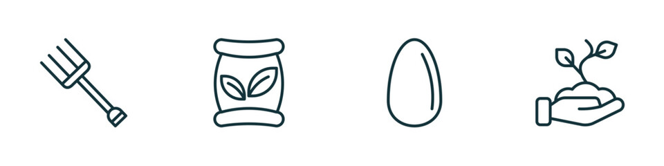 set of 4 linear icons from agriculture farming concept. outline icons included roak, seed bag, egg, planting vector