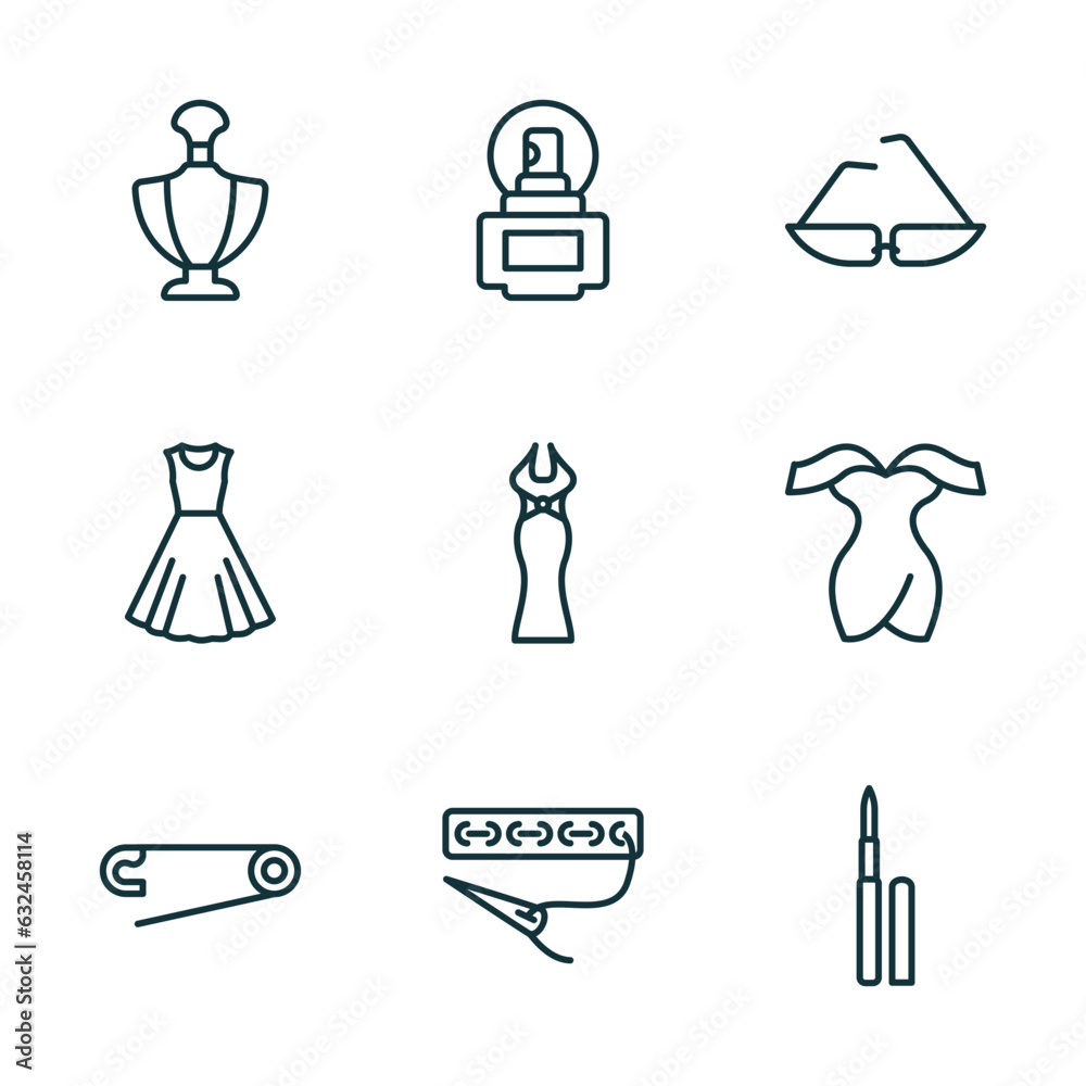 Wall mural set of 9 linear icons from woman clothing concept. outline icons such as perfume bottle, parfume, cat eyes glasses, perdible pin, clothing stitches, eyeliner pencils vector