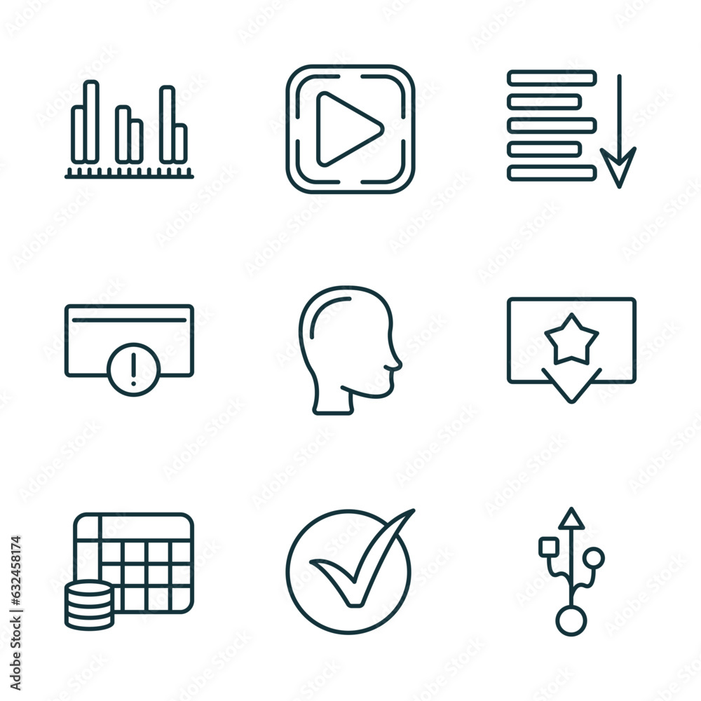 Poster set of 9 linear icons from user interface concept. outline icons such as data analytics bars, play, 